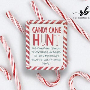 May include: A rectangular sign with a red and white striped border and the words "CANDY CANE HUNT" in red. The sign includes text about a hide-and-seek game with candy canes. Several red and white striped candy canes are scattered around the sign.