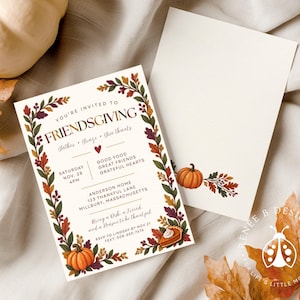 May include: A Friendsgiving invitation card featuring a border of autumn leaves, pumpkins, and a slice of pie. The text reads: You're invited to Friendsgiving, Gather, Graze, Give Thanks, Good Food, Great Friends, Grateful Hearts.