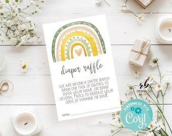 May include: A white card with a watercolor rainbow design in shades of green, yellow, and orange. The text "diaper raffle" is written in a script font. The card includes instructions for a diaper raffle and the option to personalize with Corjl.