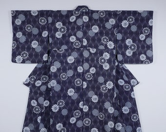 Blue cotton yukata with a design of stylized chrysanthemum flowers  made from a vintage bolt of Tokyo-honzome material