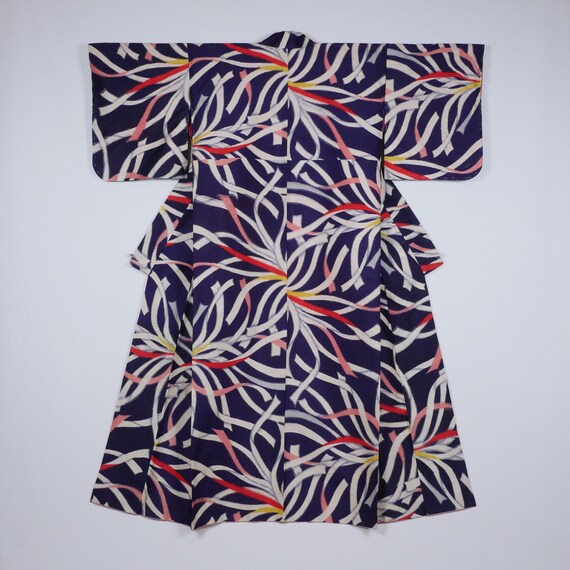 Vintage dark blue meisen kimono with colorful ribb