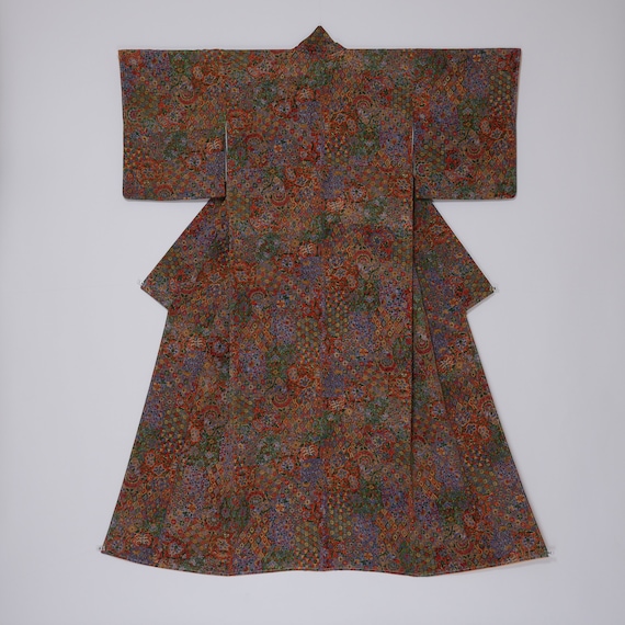 Vintage Silk Komon Kimono With Edo-sarasa Design (156.5cm