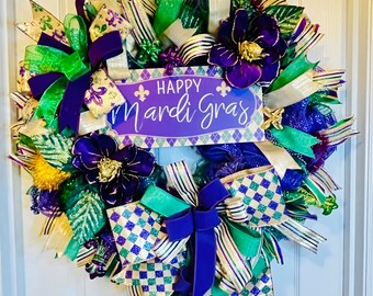 Mardi Gras Wreath Front door Wreath, Purple Green Gold Fleur-de-lis Magnolia Wreath, Happy Mardi Gras, NOLA Wall Decor Fat Tuesday