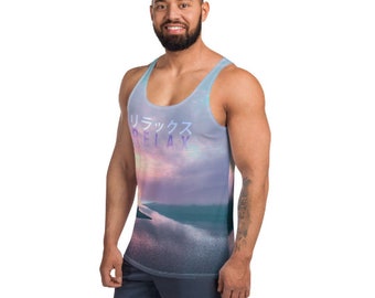 Aesthetic Relax Beach Tank Top for Beach Wear Pool Top Aesthetic Tank Top Summer Tee Vaporwave Sunset リラックス Japanese Tank Top Workout Tank