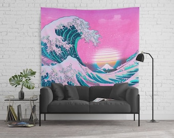 Vaporwave Tapestry Retro Great Wave Vaporwave Aesthetic Wall Art 80s 90s Decor Japanese Wave Off Kanagawa Retro Sunset Hanging Synthwave Sun