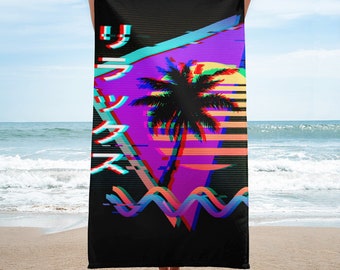 Vaporwave Beach Towel Relax Japanese 90's Vaporwave Aesthetic Palm Tree Sunset Synthwave Sun Beach Print Vaporwave Ocean Bath Towel CoitoCG