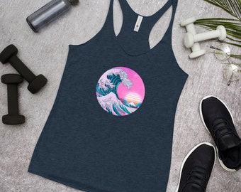 Vaporwave Great Wave Tank Top Racerback Tank Top Vaporwave Aesthetic Japanese Wave Beach Top Beach Wear Yoga Top Thin Strap Workout Tank Top