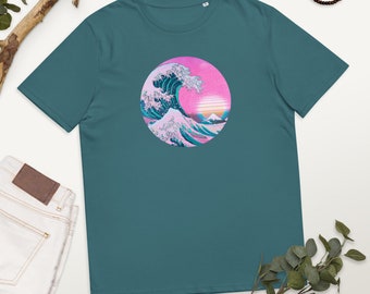 Vaporwave Great Wave Organic Cotton Tee Vaporwave Aesthetic Tshirt Graphic Tee Vaporwave Streetwear Pink Synthwave Sun Japanese Waves Tshirt