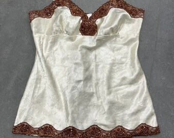 Y2K Fairy Core Creme Silk Brown Beaded Lace Trim Cami Tank Top Size: M