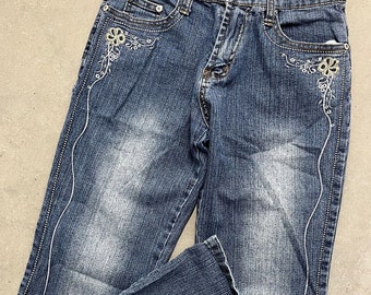Vintage Y2K Embroidered Flower Design Flared Skinny Denim Jeans Size: 27