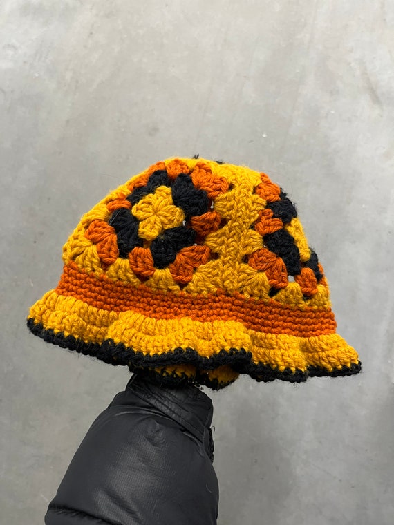 Crocheted Yellow Orange Black Flower Bucket Hat - image 1