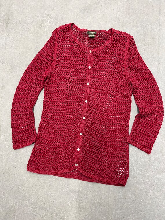 Vintage Eddie Bauer Red Magenta Crochet Hole Knit… - image 2