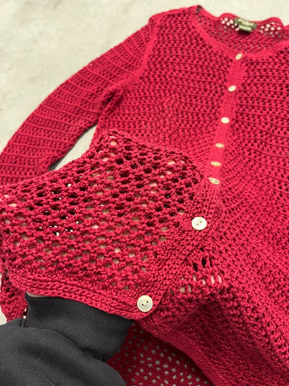 Vintage Eddie Bauer Red Magenta Crochet Hole Knit… - image 3