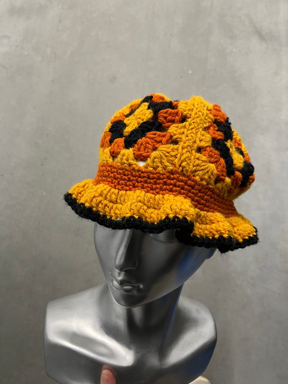 Crocheted Yellow Orange Black Flower Bucket Hat - image 2