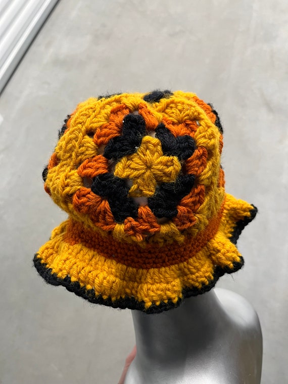 Crocheted Yellow Orange Black Flower Bucket Hat - image 3