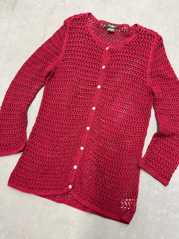 Vintage Eddie Bauer Red Magenta Crochet Hole Knit… - image 1