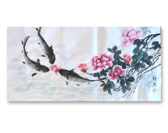 Original chinesisches Gemälde Gemälde Fisch und Blume: Asiatische Kunst (50 x 100 CM)