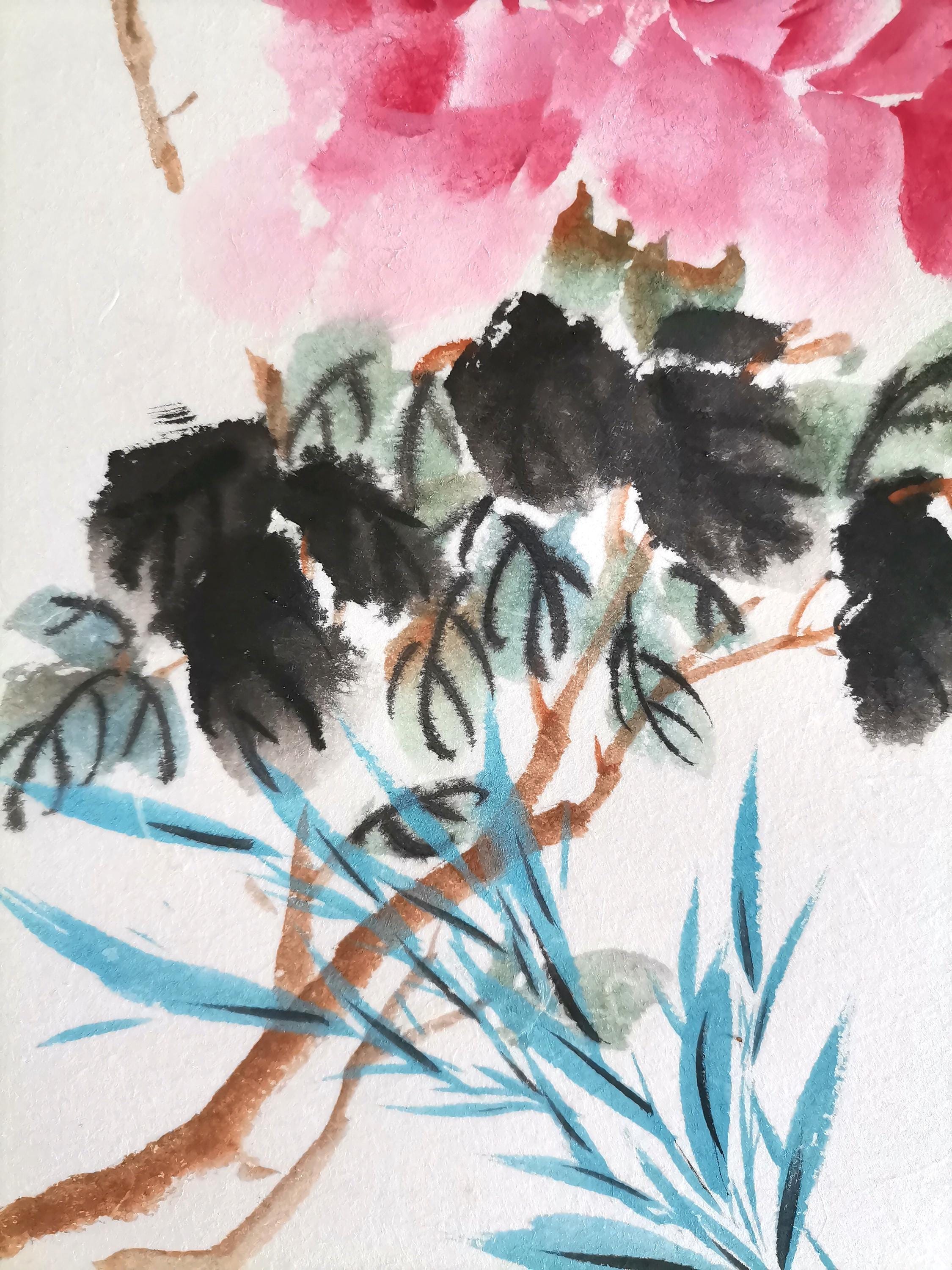 オリジナル手描き牡丹中国絵画：A4サイズ卓上飾り - Etsy 日本
