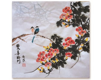 Symbolizing Good Luck-Original Chinese painting,  Handpainted Flower Blossom Painting,trumpet creeper Rice Paper Painting, Magpie Painting
