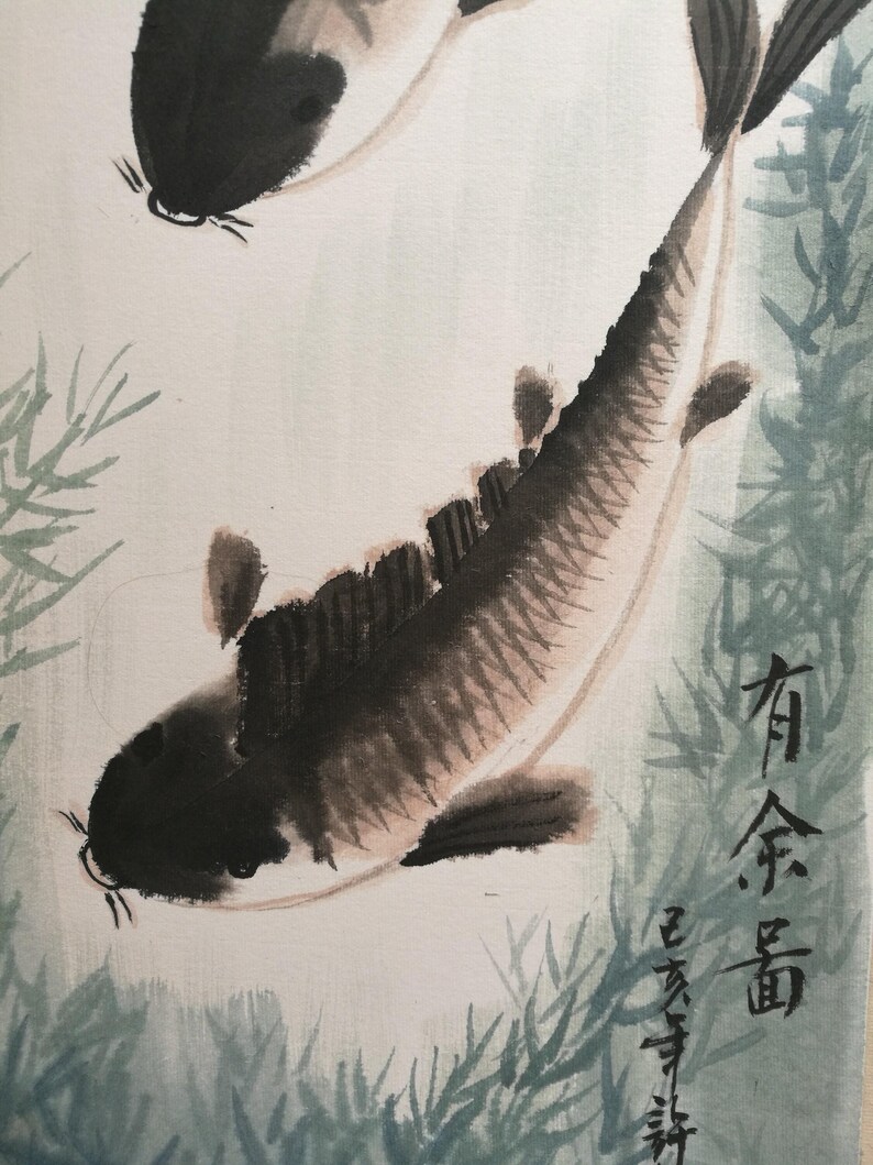 Chinese Reeds Drawing Framed Chinese Fish Painting: Handpainted Sumi-e Watercolor Art - Etsy