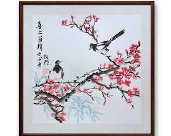 Handpainted Original Chinese painting,Plum Blossom and Magpie, Blossom Painting,Original Chinese art,sumi-e painting