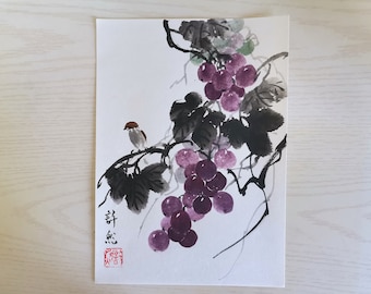 Handpainted Original Chinese painting,Traditonal Chinese Grape Painting, Home Decoration,Desk Ornament,sumi-e painting