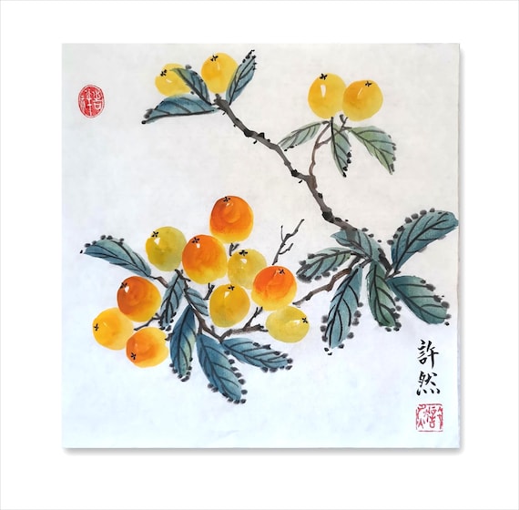 オリジナルのビワの絵画：中国の水墨画、墨絵 - Etsy 日本