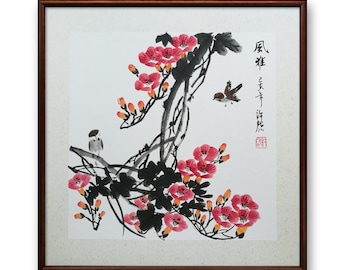 Framed Chinese Sumi-e Painting: Trumpet Creeper & Birds( 55x55cm)