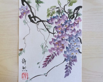 Handpainted Original Chinese painting,Traditonal Chinese Wisteria Painting, Home Decoration,Desk Ornament,sumi-e painting