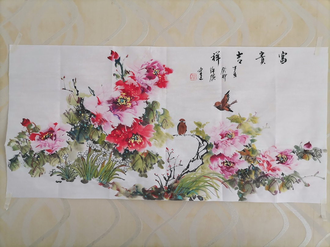Handpainted Chinese Painting, Peony Painting,chinese Rice Paper