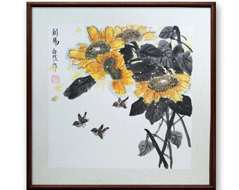 Sonnenblume Chinesische Malerei: Original chinesische Tuschemalerei (55 x 55 cm)