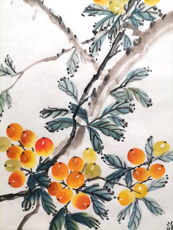 枇杷の原画：中国の水彩水墨画、墨絵 - Etsy 日本