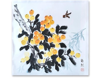 Handpainted Chinese painting,Loquat and bird painting,Chinese Ink Art,Original Chinese watercolor,sumi-e painting