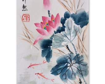 Original Lotus Chinese Painting: Handpainted Waterlily, Ready to be Framed, A4
