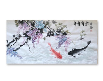 Symbolizing Wealth and Good fortune-Traditional Chinese painting, Original Wisteria and fish Painting,Handpainted Wisteria painting