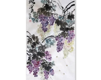 Handpainted Traditional Chinese Painting,Chinese Grape Painting, Asian Ink Art Collection,sumi-e painting