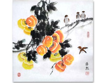 Handpainted Persimmon Painting, Original Chinese painting, Rice Paper painting, Living Room Painting,Chinese watercolor