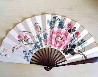 Original Handpainted Traditonal Chinese Folding Hand Fan,Asian Art--Hibiscus-sumi-e painting