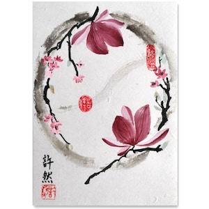 Handpainted Japenese Zen painting,Magnolia Painting, Home Decoration,Desk Ornament,sumi-e painting