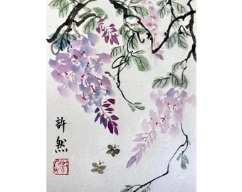 Original hand-painted Wisteria Painting, Sumi-e Art, Chinese Painting (A4 Size)