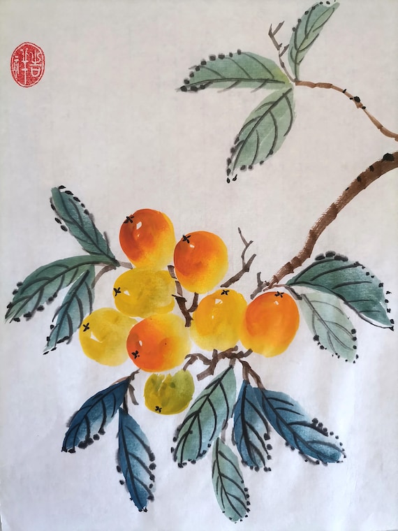 オリジナルのビワの絵画：中国の水墨画、墨絵 - Etsy 日本