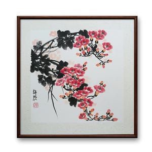 Original Chinese Painting,Chinese trumpet creeper and birds, Blossom painting,Framed Living Room Painting,sumi-e painting