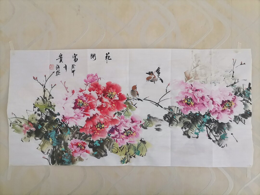 Handpainted Chinese Painting, Peony Painting,chinese Rice Paper