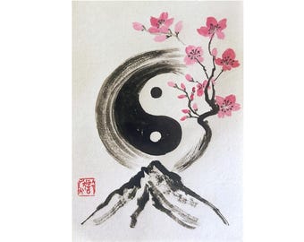 Hand-Painted Japanese Zen Yin Yang Enso Circle Art: Sumi-e Painting, A4