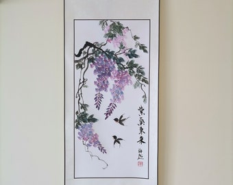 Scroll Handpainted Traditional Chinese painting,Wisteria Painting,Original Chinese Ink Painting,Chinese Ink Art Collection,sumi-e painting