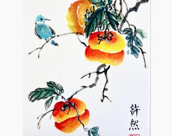 Handpainted Persimmon Sumi-e Painting, Traditional Chinese Art (A4 Size)