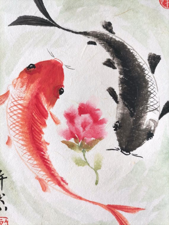 手描きの鯉の中国絵画：アジアの墨絵アート（A4サイズ） - Etsy 日本
