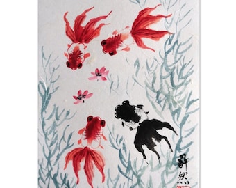 Handbemalte Goldfische Chinesische Malerei: Sumi-e Art A4 Size