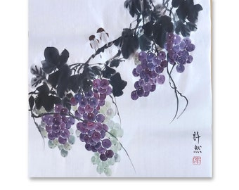 Original Traditional Chinese painting, Chinese Handpainted Grape Ink Painting, Handpainted Rice Paper Painting,Chinese Art,sumi-e painting