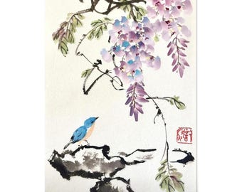 Original hand-painted Wisteria Painting, Sumi-e Art, Chinese Painting (A4 Size)